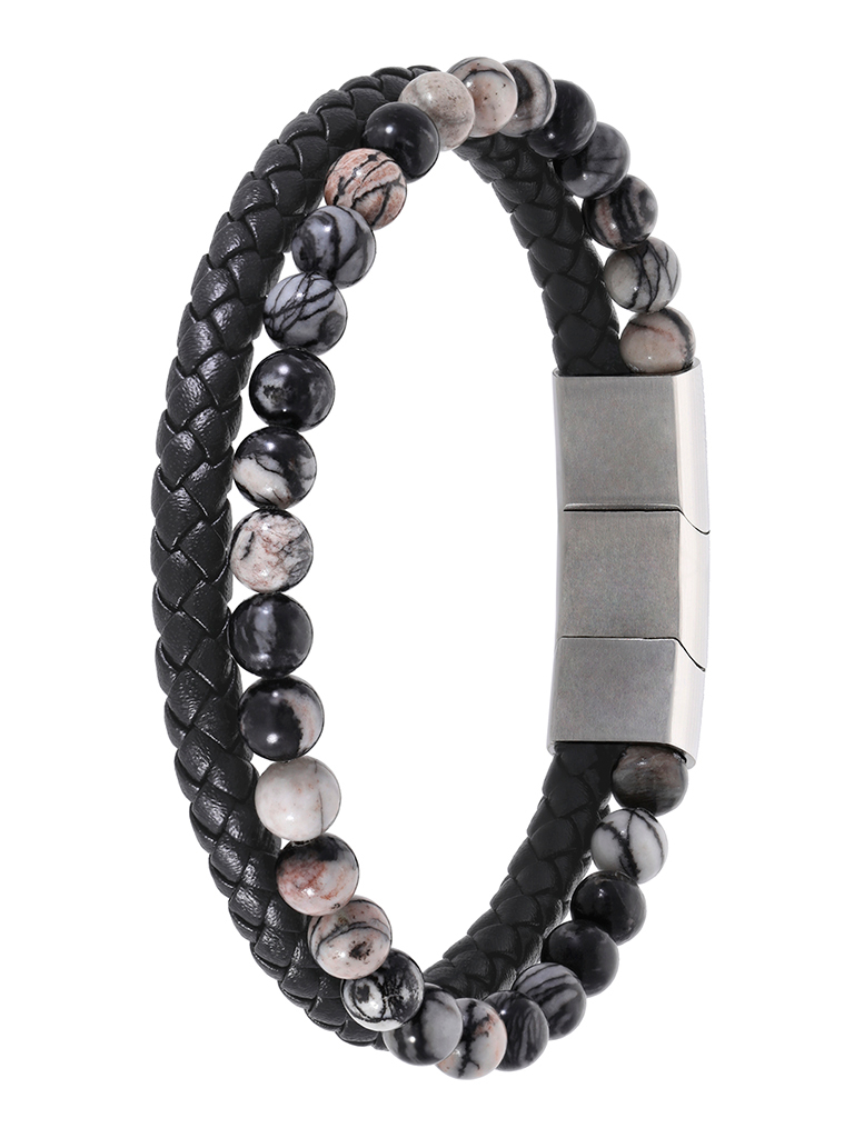 Pulseira Masculina em Cabedal e Pedras Naturais